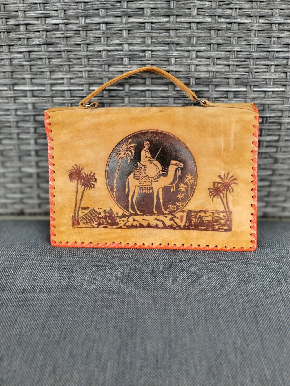 Vintage Egyptian Revival Leather Handbag Camel Pharaoh Top Handle Purse 7"